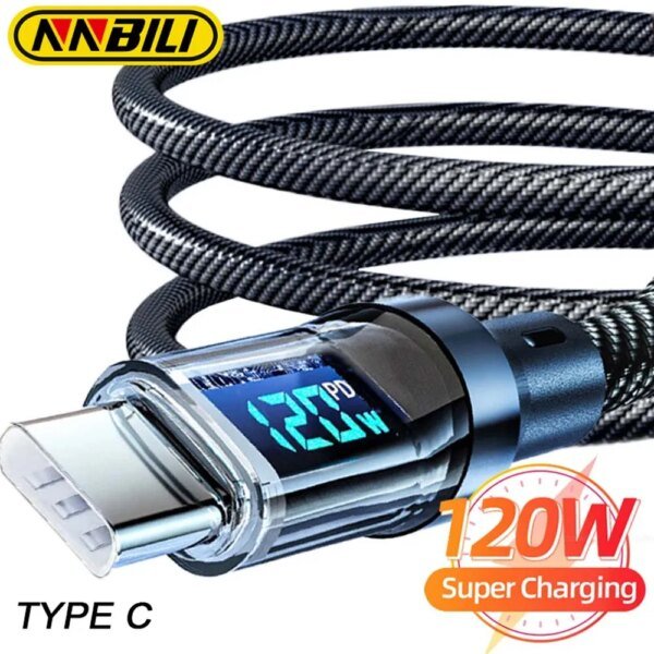 Cable NNBILI de 120 W tipo C a tipo C, cable de carga súper rápida para teléfono con pantalla LED, cable de datos USB a tipo C para Huawei y Oppo Vivo
