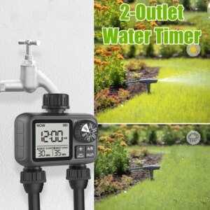 Temporizador de agua digital de 2 salidas, control de programación independiente, aspersor ajustable, fácil instalación, riego de césped y jardín.