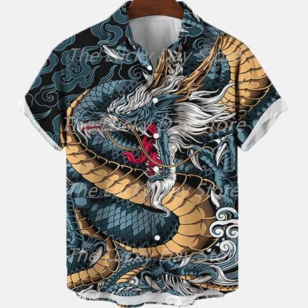Camisa hawaiana de manga corta de verano para hombre, estilo informal, vintage, con estampado floral, estilo urbano, de gran tamaño, con estampado de dragón