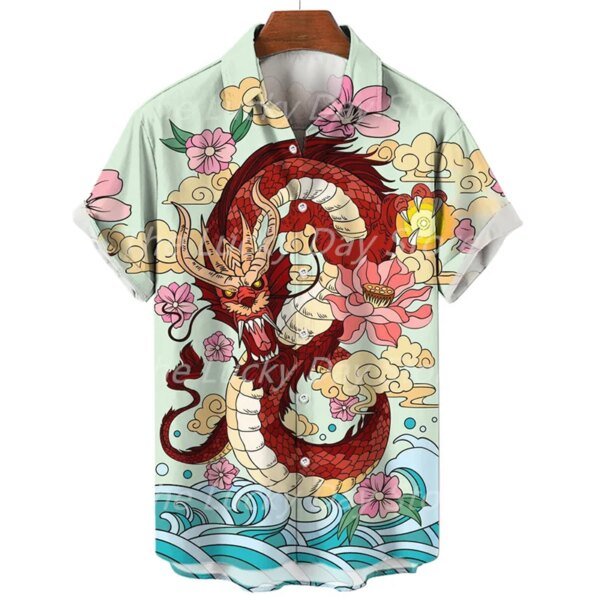 Camisa hawaiana de manga corta de verano para hombre, estilo informal, vintage, con estampado floral, estilo urbano, de gran tamaño, con estampado de dragón - Image 6