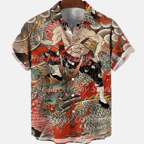 Camisa hawaiana de manga corta de verano para hombre, estilo informal, vintage, con estampado floral, estilo urbano, de gran tamaño, con estampado de dragón - Image 4