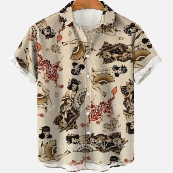 Camisa hawaiana de manga corta de verano para hombre, estilo informal, vintage, con estampado floral, estilo urbano, de gran tamaño, con estampado de dragón - Image 5