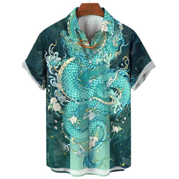 Camisa hawaiana de manga corta de verano para hombre, estilo informal, vintage, con estampado floral, estilo urbano, de gran tamaño, con estampado de dragón - Image 3