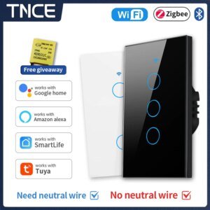 Interruptor de pared inteligente TNCE Tuya US WiFi/Zigbee, 1/2/3/4 entradas, sensor táctil inteligente, compatible con Alexa y Google Home.