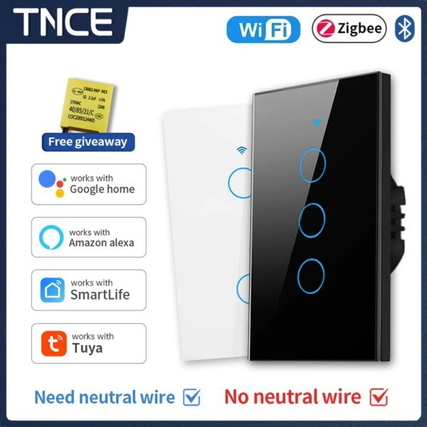 Interruptor de pared inteligente TNCE Tuya US WiFi/Zigbee, 1/2/3/4 entradas, sensor táctil inteligente, compatible con Alexa y Google Home.
