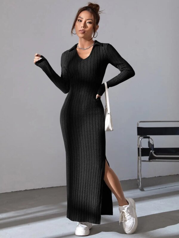Vestido negro adelgazante con tiras en las axilas, informal, de otoño/invierno, con cintura cruzada y escote en V en la cadera. - Image 4