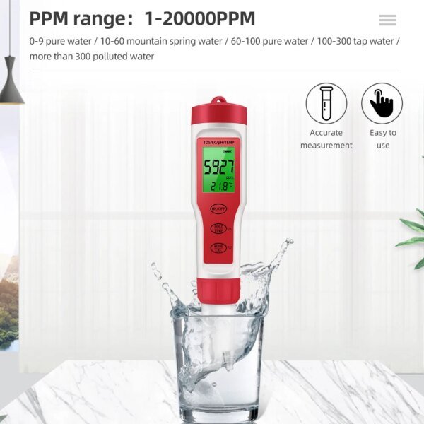 Medidor de pH impermeable, medidor de pH/TDS/EC/temperatura, monitor digital de calidad del agua con retroiluminación para piscinas, agua potable y acuarios. - Image 5