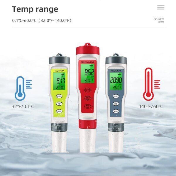 Medidor de pH impermeable, medidor de pH/TDS/EC/temperatura, monitor digital de calidad del agua con retroiluminación para piscinas, agua potable y acuarios. - Image 6