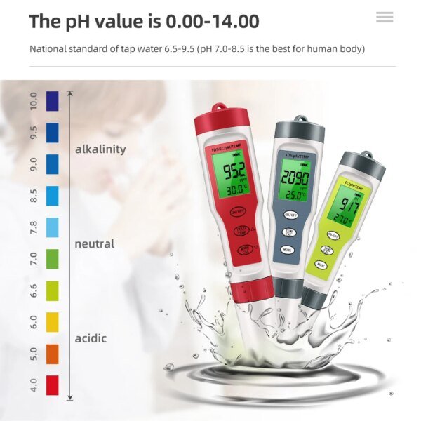 Medidor de pH impermeable, medidor de pH/TDS/EC/temperatura, monitor digital de calidad del agua con retroiluminación para piscinas, agua potable y acuarios. - Image 3