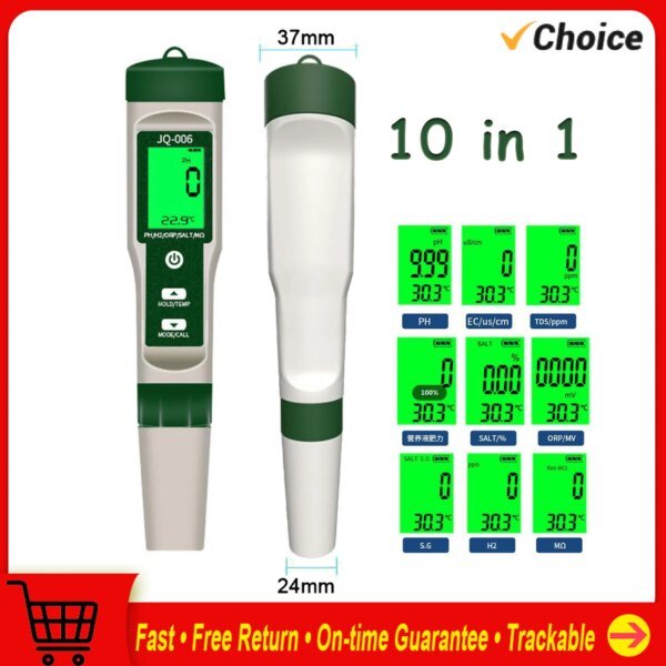 Medidor de pH digital 10 en 1, monitor profesional de calidad del agua, probador de pH/EC/TDS/salinidad/termómetro, medidor de prueba multiparámetro.