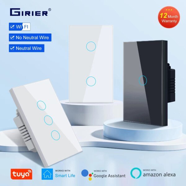 Interruptor táctil inteligente Wifi GIRIER, sin necesidad de cable neutro, interruptor de luz inteligente para casa de 1/2/3 entradas, 100-240 V, compatible con Alexa y Google Home.