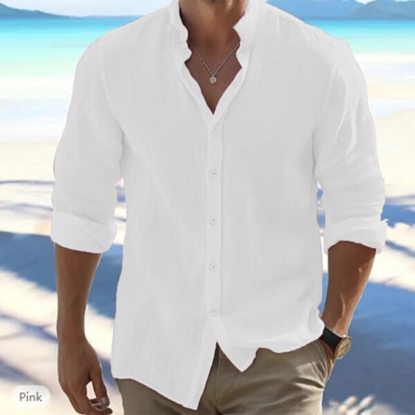 Camisas de manga larga de algodón y lino para hombre, de verano, de color liso, con cuello alto, estilo playero informal, talla grande. - Image 3