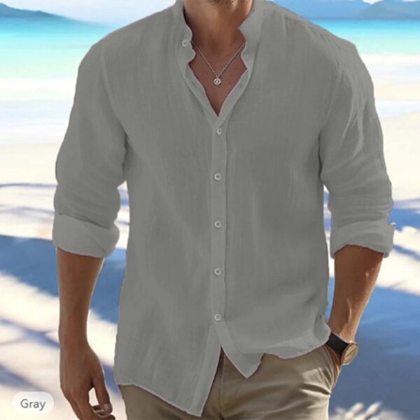 Camisas de manga larga de algodón y lino para hombre, de verano, de color liso, con cuello alto, estilo playero informal, talla grande. - Image 2