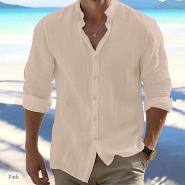 Camisas de manga larga de algodón y lino para hombre, de verano, de color liso, con cuello alto, estilo playero informal, talla grande.