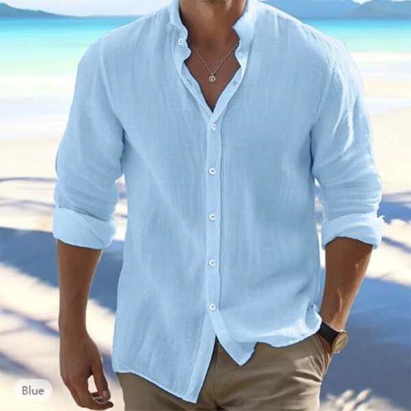Camisas de manga larga de algodón y lino para hombre, de verano, de color liso, con cuello alto, estilo playero informal, talla grande. - Image 5