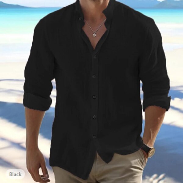 Camisas de manga larga de algodón y lino para hombre, de verano, de color liso, con cuello alto, estilo playero informal, talla grande. - Image 4