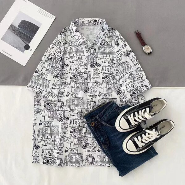 Camisa hawaiana de moda urbana de verano para hombre, para uso diario, con estampado de dibujos animados, informal, holgada, de manga corta, para playa - Image 5