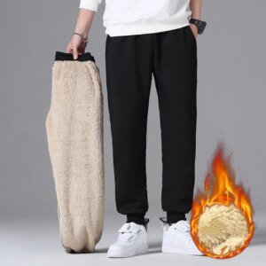 Pantalones deportivos de invierno para hombre, de felpa gruesa, informales, cálidos, de talla grande, de cintura media, a la moda, color negro, 1 unidad