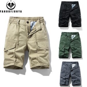 Pantalones cortos cargo de verano para hombre, de algodón liso, para exteriores, con botones y cordón, rectos, holgados, de marca, a la moda, 2025