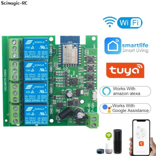Módulo de interruptor inalámbrico inteligente Tuya de 4 canales, 7-32 V, 85-250 V, 220 V, 110 V, 2200 W, RF433, 10 A, receptor para Alexa
