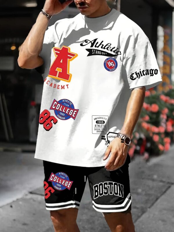 Verano 2025 Nuevo estilo de baloncesto para hombre, camiseta y pantalones cortos estampados en 3D de 2 piezas, ropa informal transpirable de poliéster para hombre