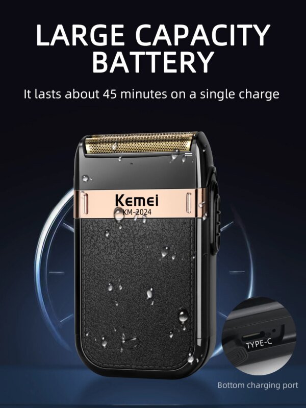 Afeitadora eléctrica Kemei para hombres, resistente al agua, de doble hoja, inalámbrica, con vaivén, recargable por USB, para peluquero. - Image 2