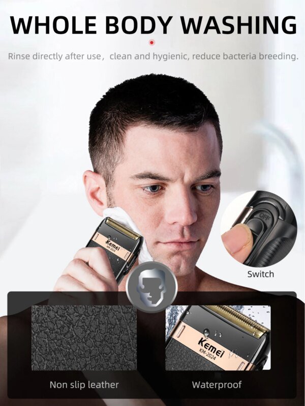 Afeitadora eléctrica Kemei para hombres, resistente al agua, de doble hoja, inalámbrica, con vaivén, recargable por USB, para peluquero. - Image 4