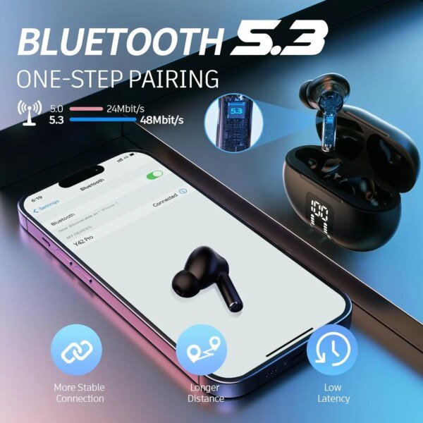 Auriculares inalámbricos Bluetooth 5.3, 60 horas de reproducción, pantalla LED, micrófono, cancelación de ruido, sonido estéreo. - Image 3