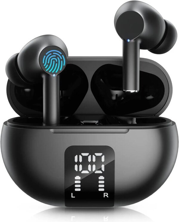 Auriculares inalámbricos Bluetooth 5.3, 60 horas de reproducción, pantalla LED, micrófono, cancelación de ruido, sonido estéreo.