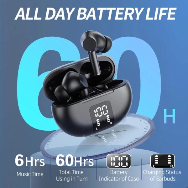 Auriculares inalámbricos Bluetooth 5.3, 60 horas de reproducción, pantalla LED, micrófono, cancelación de ruido, sonido estéreo. - Image 2