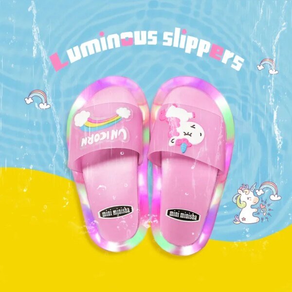 Pantuflas para niños y niñas con estampado de unicornios y animales, zapatos iluminados, bonitos y de moda, para el baño, para niños pequeños - Image 3