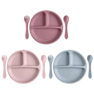 Juego de vajilla de silicona para niños de 3 piezas, para entrenamiento de alimentación de bebés, con ventosa, plato, cuchara y tenedor.