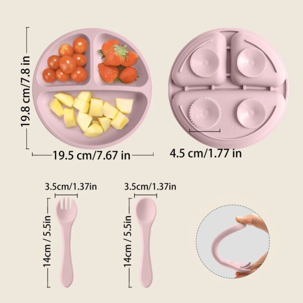 Juego de vajilla de silicona para niños de 3 piezas, para entrenamiento de alimentación de bebés, con ventosa, plato, cuchara y tenedor. - Image 5