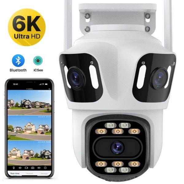 Cámara IP PTZ de tres lentes para exteriores, 6K HD, cámara de seguridad WiFi de tres pantallas con seguimiento automático, cámara CCTV inalámbrica 4K con doble LED iCsee