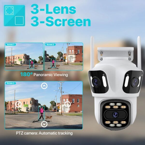 Cámara IP PTZ de tres lentes para exteriores, 6K HD, cámara de seguridad WiFi de tres pantallas con seguimiento automático, cámara CCTV inalámbrica 4K con doble LED iCsee - Image 2