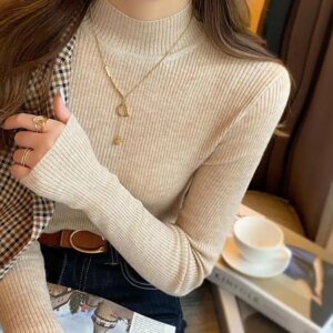 Suéter de cuello alto para mujer, suéter básico vintage de punto liso, estilo coreano, informal, ajustado, sencillo y elegante, para otoño e invierno.