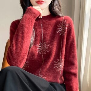 Suéter de mujer estilo navideño, cuello alto, manga larga, otoño invierno, grueso, cálido, jersey de punto, suelto, jersey rojo