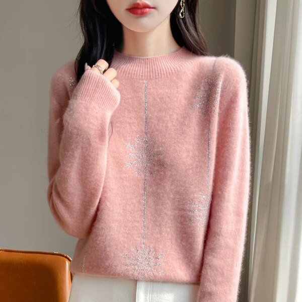 Suéter de mujer estilo navideño, cuello alto, manga larga, otoño invierno, grueso, cálido, jersey de punto, suelto, jersey rojo - Image 2