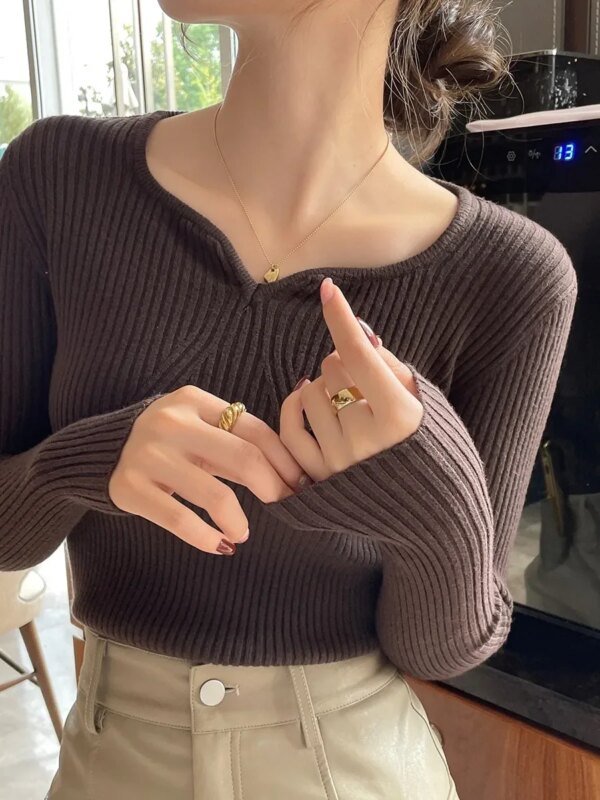 Suéter básico de cuello en V elegante para otoño e invierno, suéter de punto acanalado para mujer, suéter ajustado de manga larga, suéter Badycon de alta calidad. - Image 3