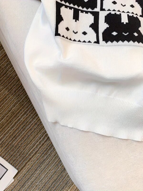 Top de punto con cuello redondo y estampado de conejo, manga corta, ideal para primavera y verano, 2025 - Image 6