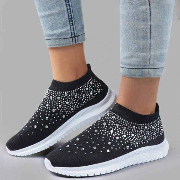 Zapatos planos con cristales brillantes para mujer, tallas grandes 35-43, de malla transpirable, blancos, con suela suave, para otoño