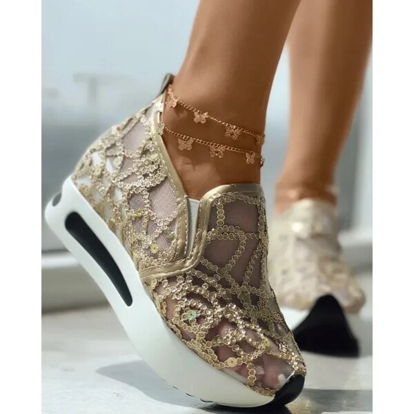 Zapatillas Muffin para mujer, informales, sin cordones, con lentejuelas, punta redonda, paneles en contraste y tacón bajo, sin cordones. - Image 3