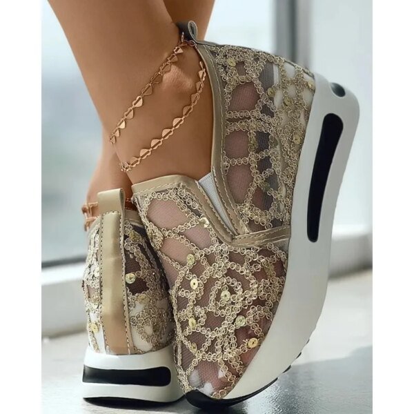 Zapatillas Muffin para mujer, informales, sin cordones, con lentejuelas, punta redonda, paneles en contraste y tacón bajo, sin cordones. - Image 5