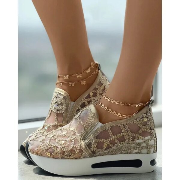 Zapatillas Muffin para mujer, informales, sin cordones, con lentejuelas, punta redonda, paneles en contraste y tacón bajo, sin cordones. - Image 2