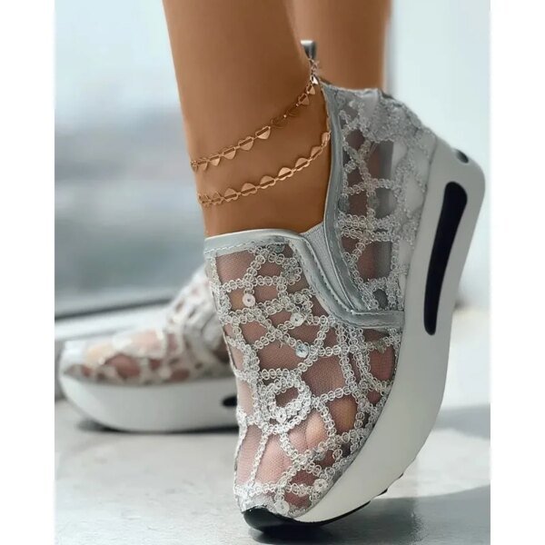 Zapatillas Muffin para mujer, informales, sin cordones, con lentejuelas, punta redonda, paneles en contraste y tacón bajo, sin cordones. - Image 6