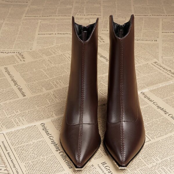 Botas de cuero para mujer, botines Chelsea de lujo con punta puntiaguda, tacones altos modernos, cremallera, estilo gótico, botas francesas para mujer. - Image 5