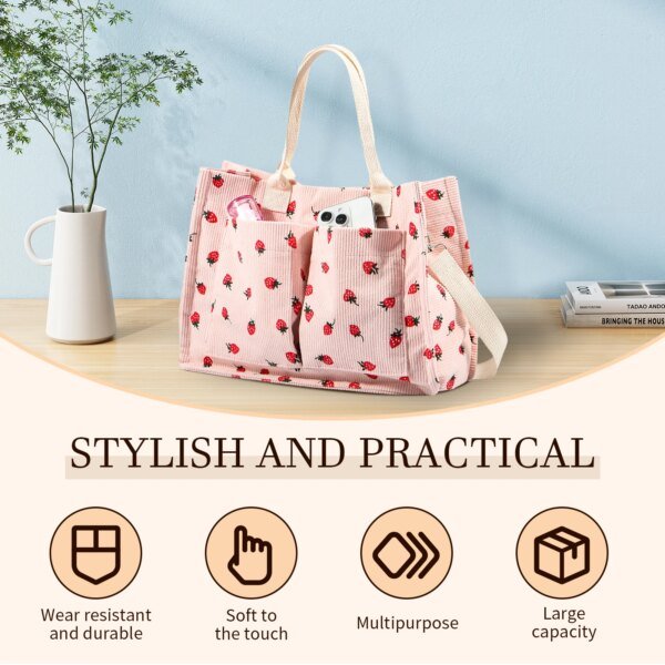 Bolso de mano con diseño de fresa para mujer, de tela, de gran capacidad, resistente, con hombro ajustable - Image 3