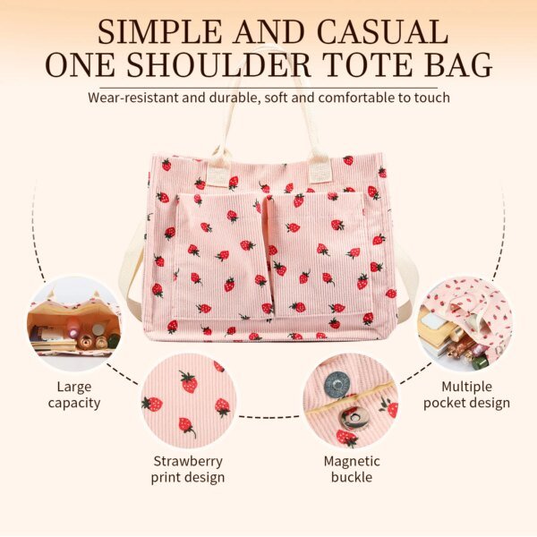Bolso de mano con diseño de fresa para mujer, de tela, de gran capacidad, resistente, con hombro ajustable - Image 2