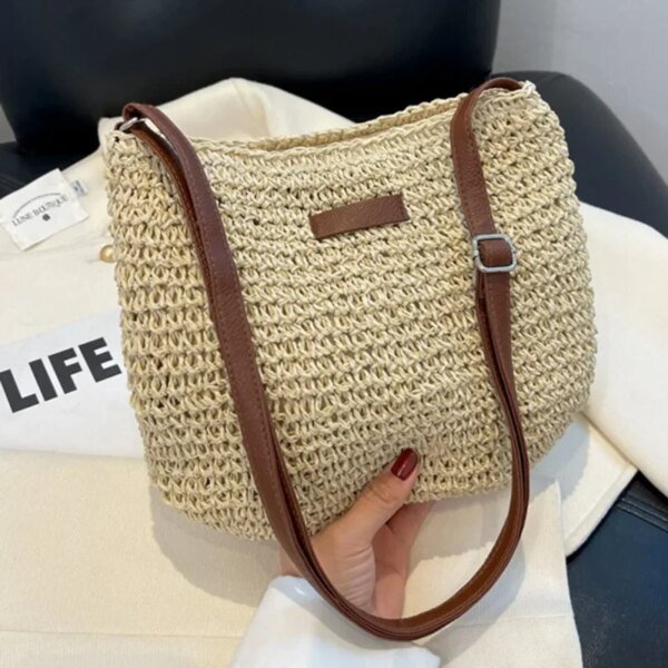 Bolso bandolera de paja de verano para mujer, bolso de hombro tejido para compras en la playa o vacaciones, tipo mensajero. - Image 3