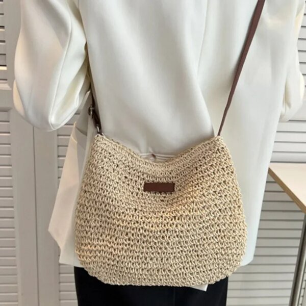 Bolso bandolera de paja de verano para mujer, bolso de hombro tejido para compras en la playa o vacaciones, tipo mensajero. - Image 2